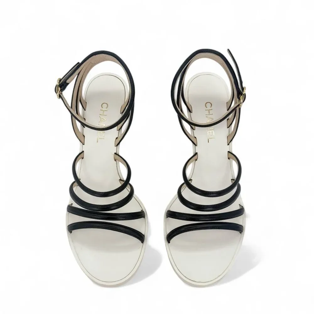 CHANEL Black & Eggshell CC Logo Wedge Heel Sandals IT38.5